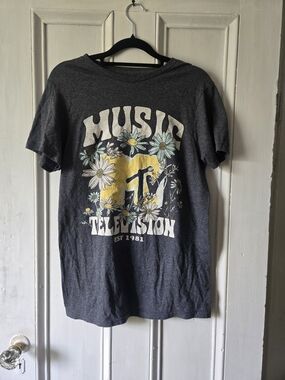 MTV Music Television Graphic Tee - Dark Gray with Yellow & White Floral Print